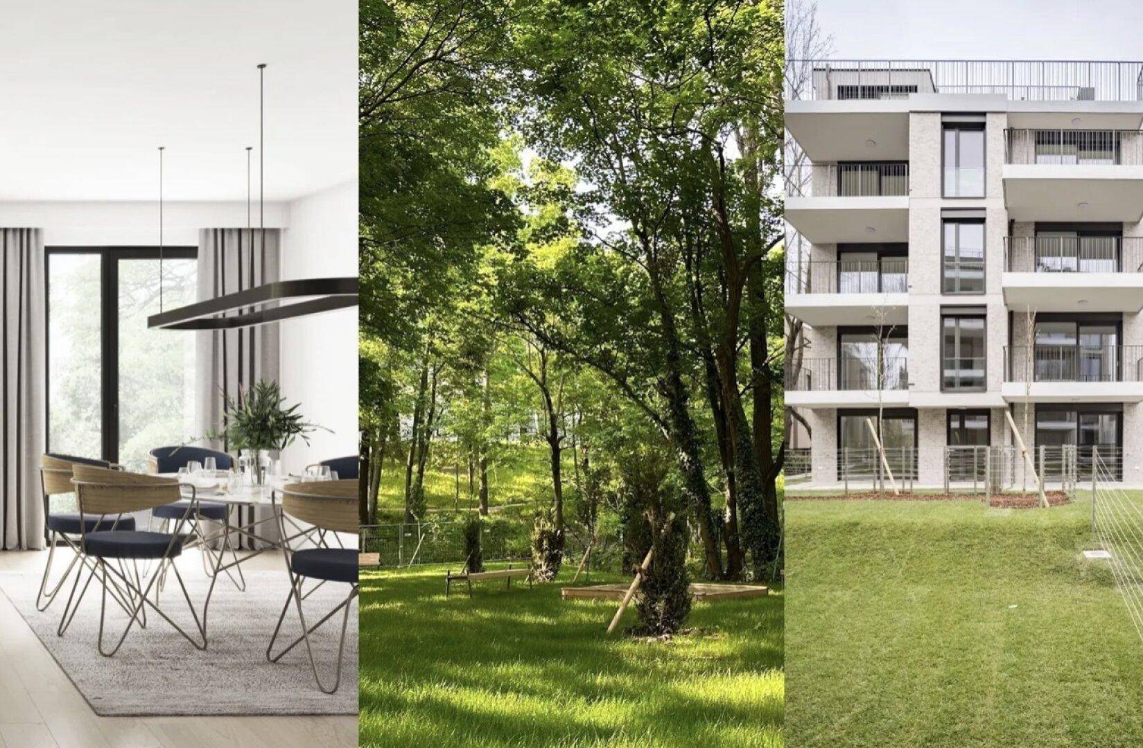 Kombination aus modernem Essbereich, grüner Gartenlandschaft und der Fassade eines Neubaus mit Balkonen.
