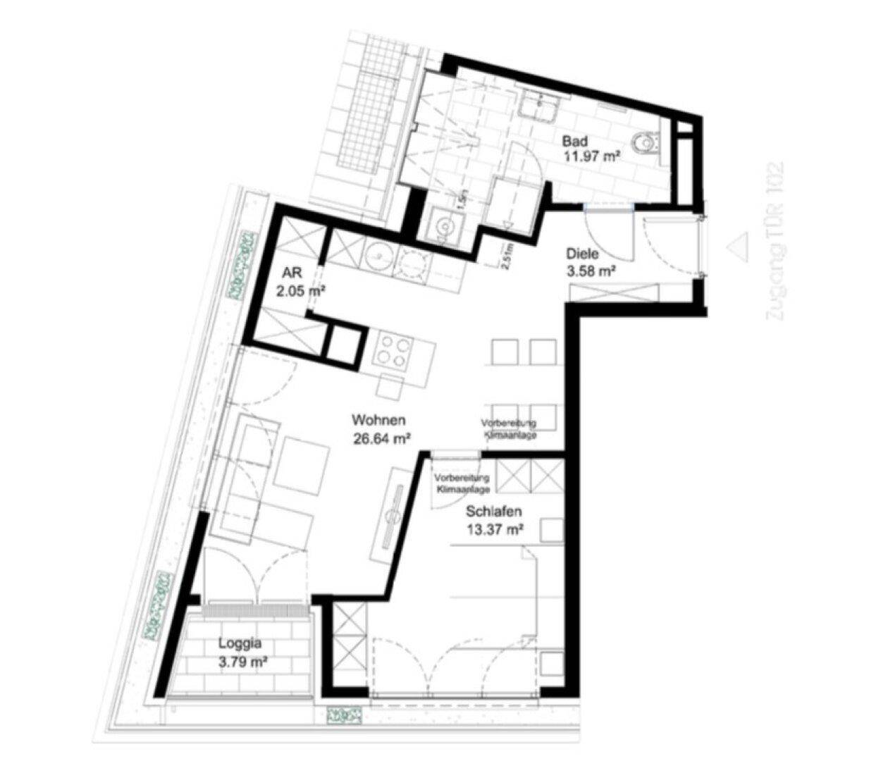 Grundriss der Wohnung mit Wohnbereich, Schlafzimmer, Bad und Loggia.