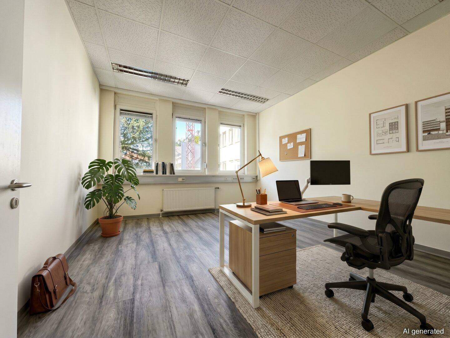 Helles Einzelbüro mit modernem Schreibtisch, Bürostuhl und Blick ins Grüne durch die Fenster.