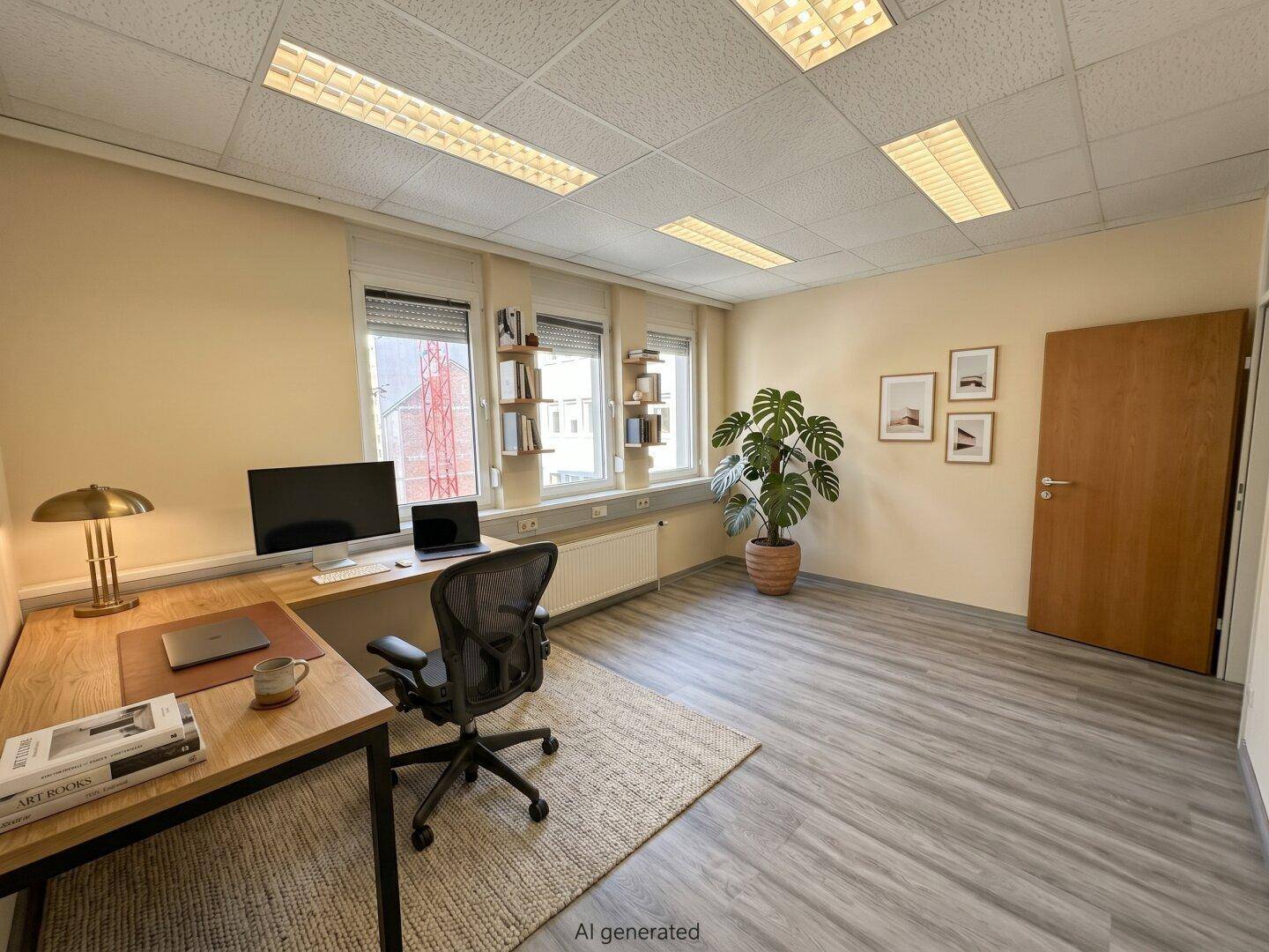 Gemütliches Einzelbüro mit modernem Arbeitsplatz, Pflanzen und natürlichem Lichteinfall durch die Fenster.