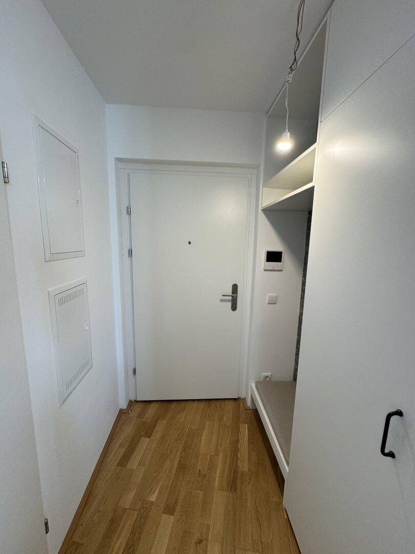 Eingangsbereich mit Holzboden und praktischen Einbauschränken für Stauraum.
