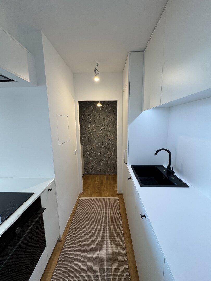 Moderne weiße Küche mit schwarzer Spüle und integrierten Geräten, führt in den Flur.