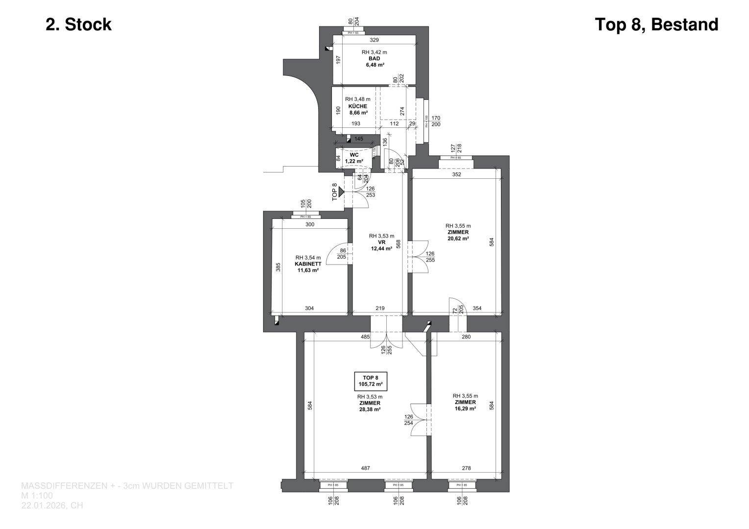 Grundriss der Wohnung im zweiten Stock mit mehreren Zimmern und WC.