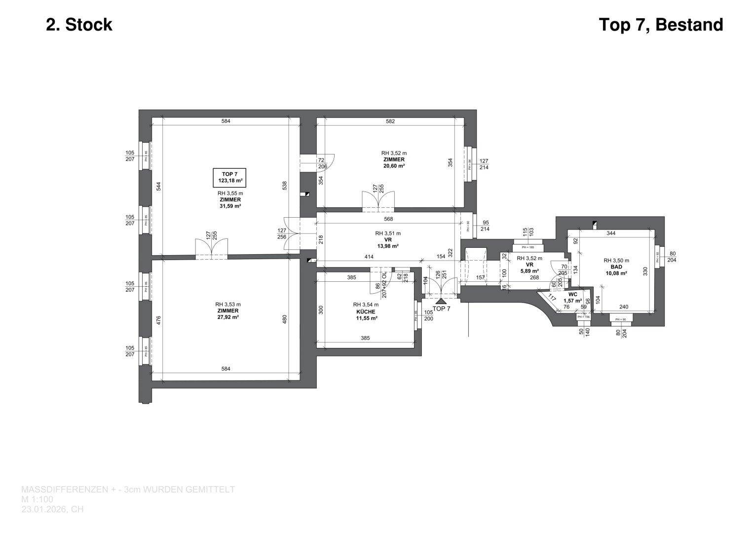 Grundriss der Wohnung Top 7 im 2. Stock mit Raumaufteilung und Maßen.