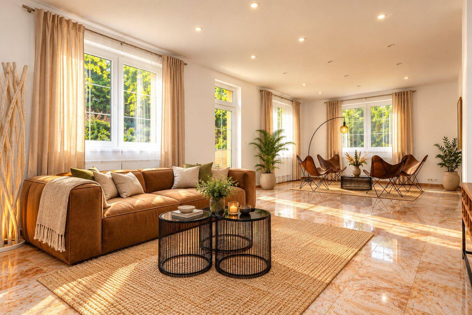 Helles, geräumiges Wohnzimmer mit bequemer Couch, glänzendem Marmorboden und großen Fenstern.