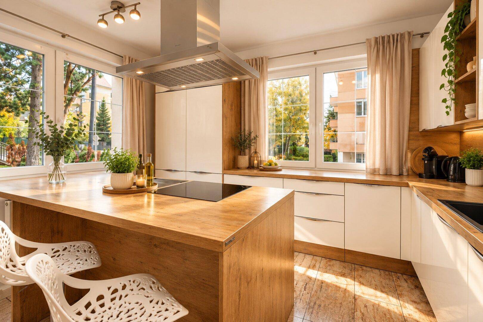 Moderne Küche mit Holz- und weißen Fronten, Kücheninsel, Induktionskochfeld und viel Tageslicht.