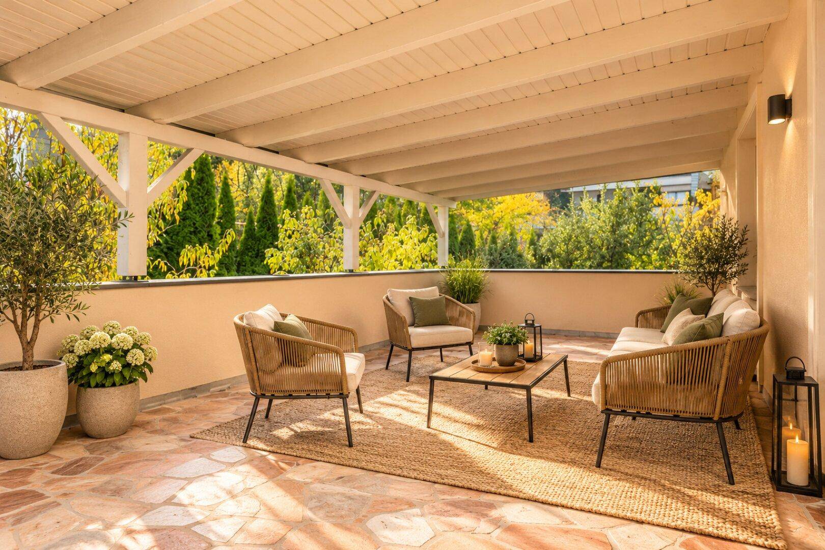 Überdachte Terrasse mit gemütlichen Loungemöbeln, ideal für Entspannung im Freien.