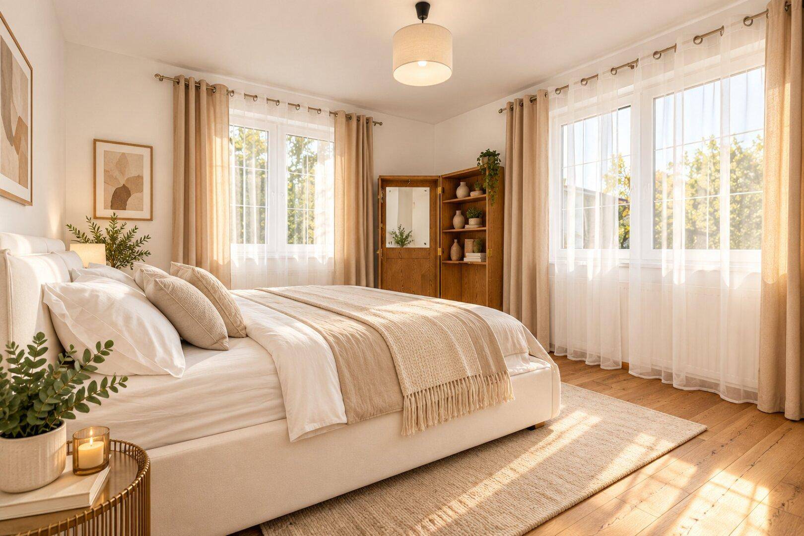 Helles Schlafzimmer mit komfortablem Bett, Holzboden und großen Fenstern für viel Tageslicht.