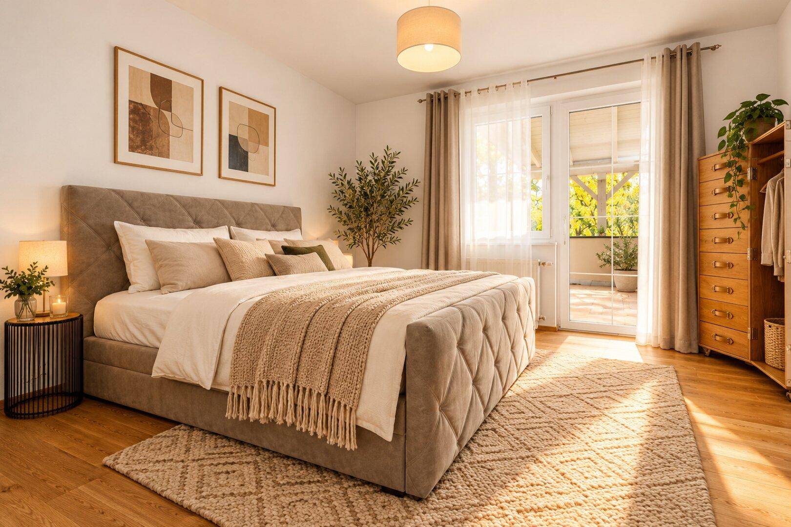 Gemütliches Schlafzimmer mit gepolstertem Bett, Holzboden und direktem Zugang zum Balkon.