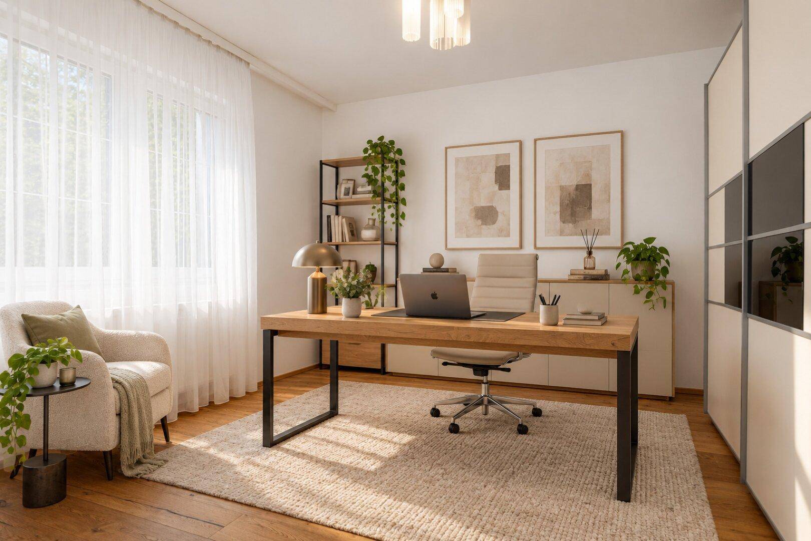 Modernes Arbeitszimmer mit großem Schreibtisch, bequemen Stühlen und viel Stauraum.
