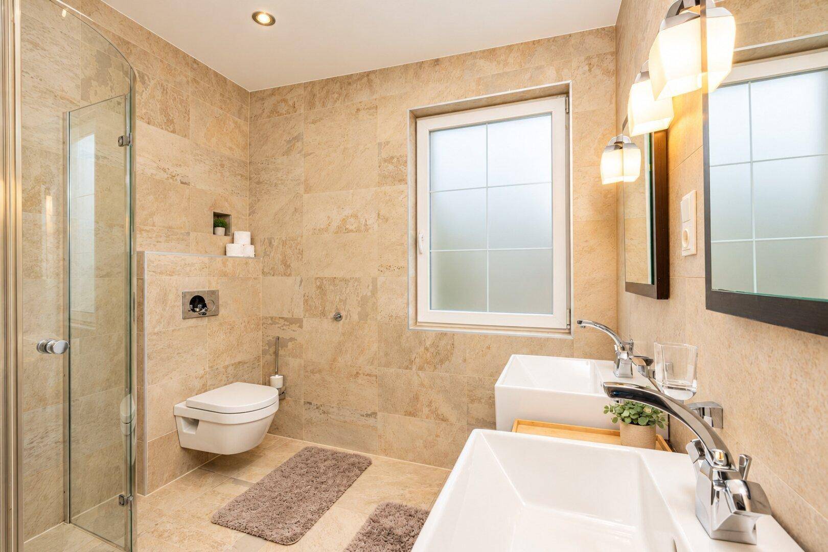 Modernes Badezimmer mit Doppelwaschbecken, wandhängendem WC und begehbarer Dusche.