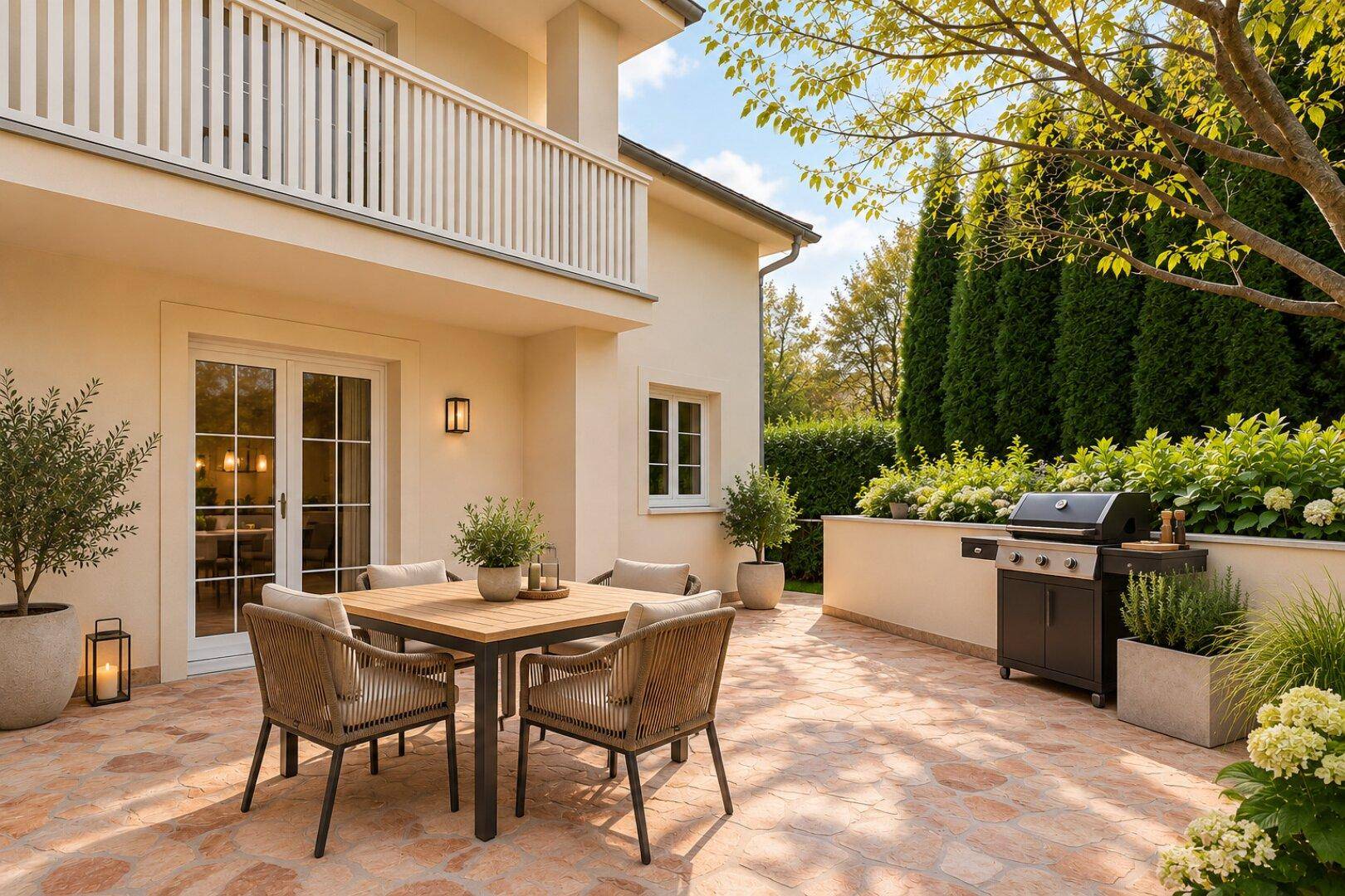 Attraktiver Außenbereich mit Essplatz, Grillstation und Zugang zum Garten.