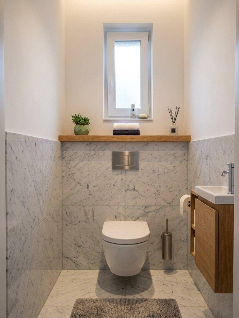 Modernes Gäste-WC mit Marmorfliesen, wandhängender Toilette und kleinem Waschbecken.