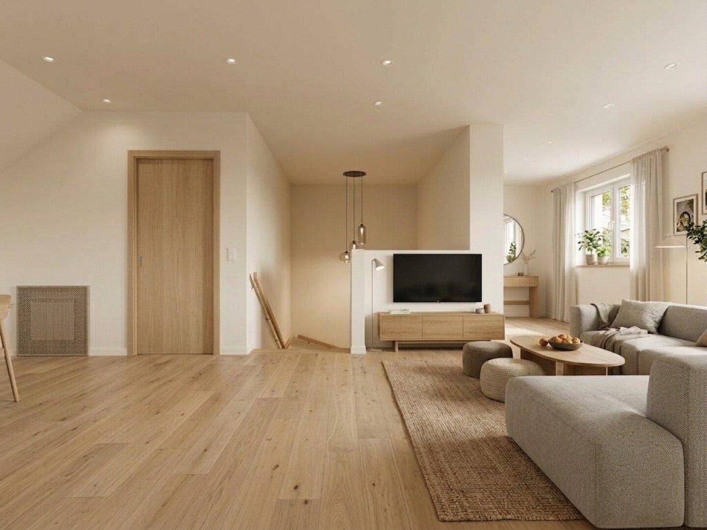 Geräumiges Wohnzimmer mit Holzboden, moderner Einrichtung und viel natürlichem Licht.