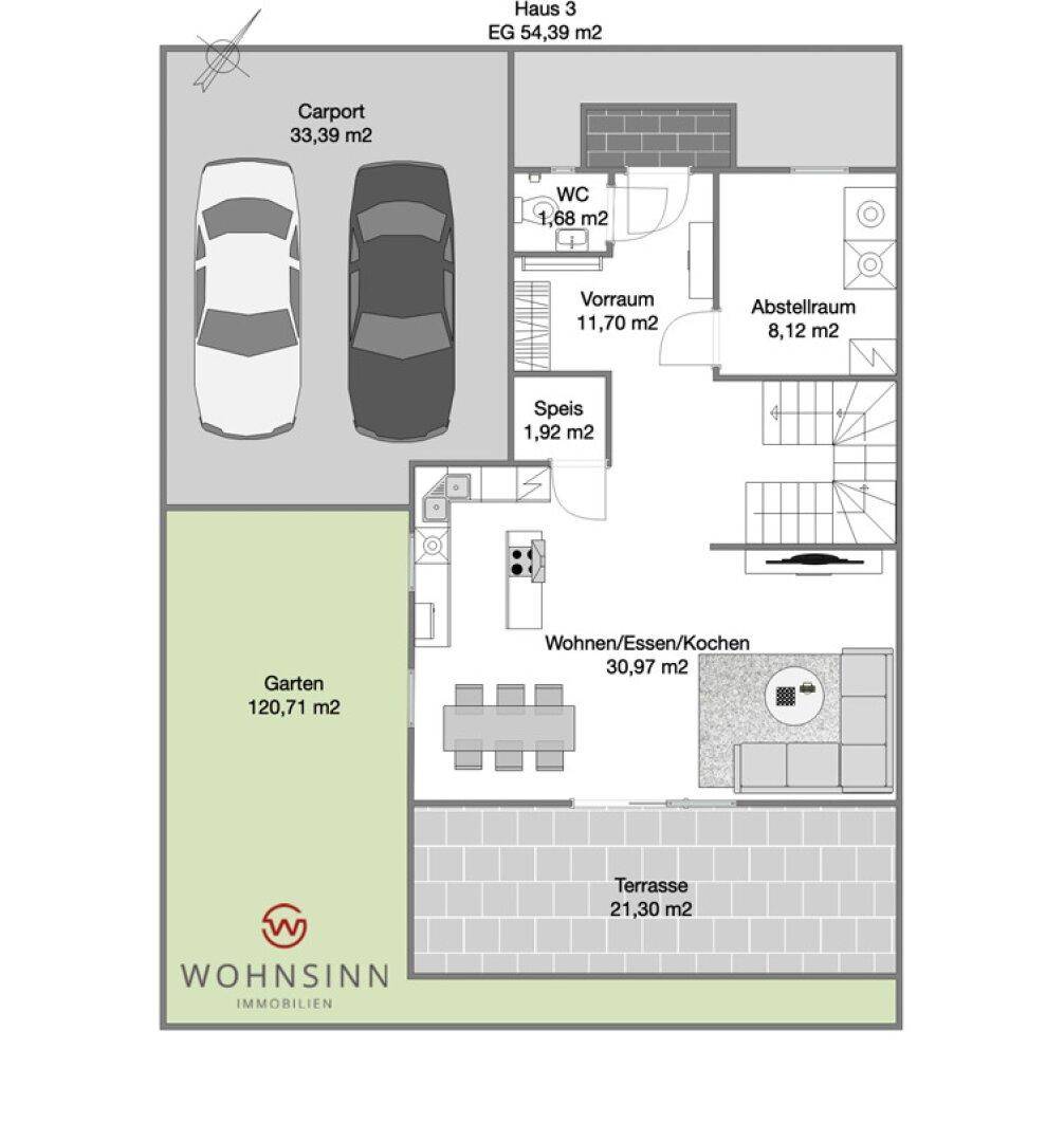 Grundriss des Erdgeschosses mit offenem Wohn-/Ess-/Kochbereich, Terrasse und Garten.