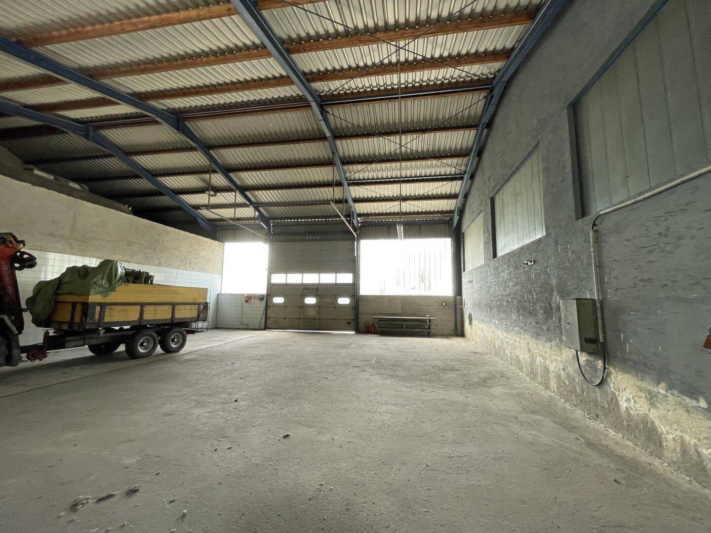 Weitläufige Lagerhalle mit zwei großen Rolltoren, Betonboden und sichtbarer Dachkonstruktion.