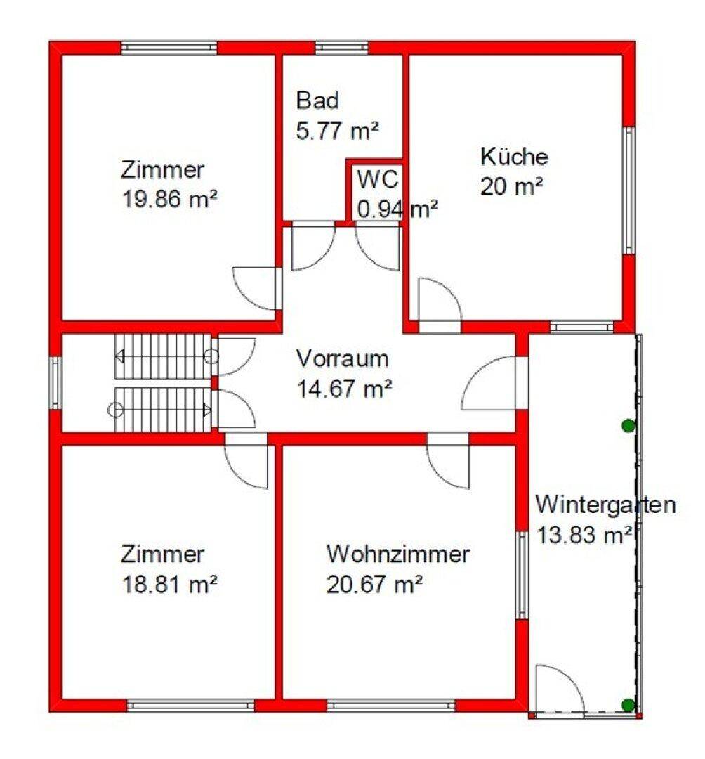 Grundriss des Erdgeschosses mit Zimmern, Bad, WC, Vorraum und Wintergarten.