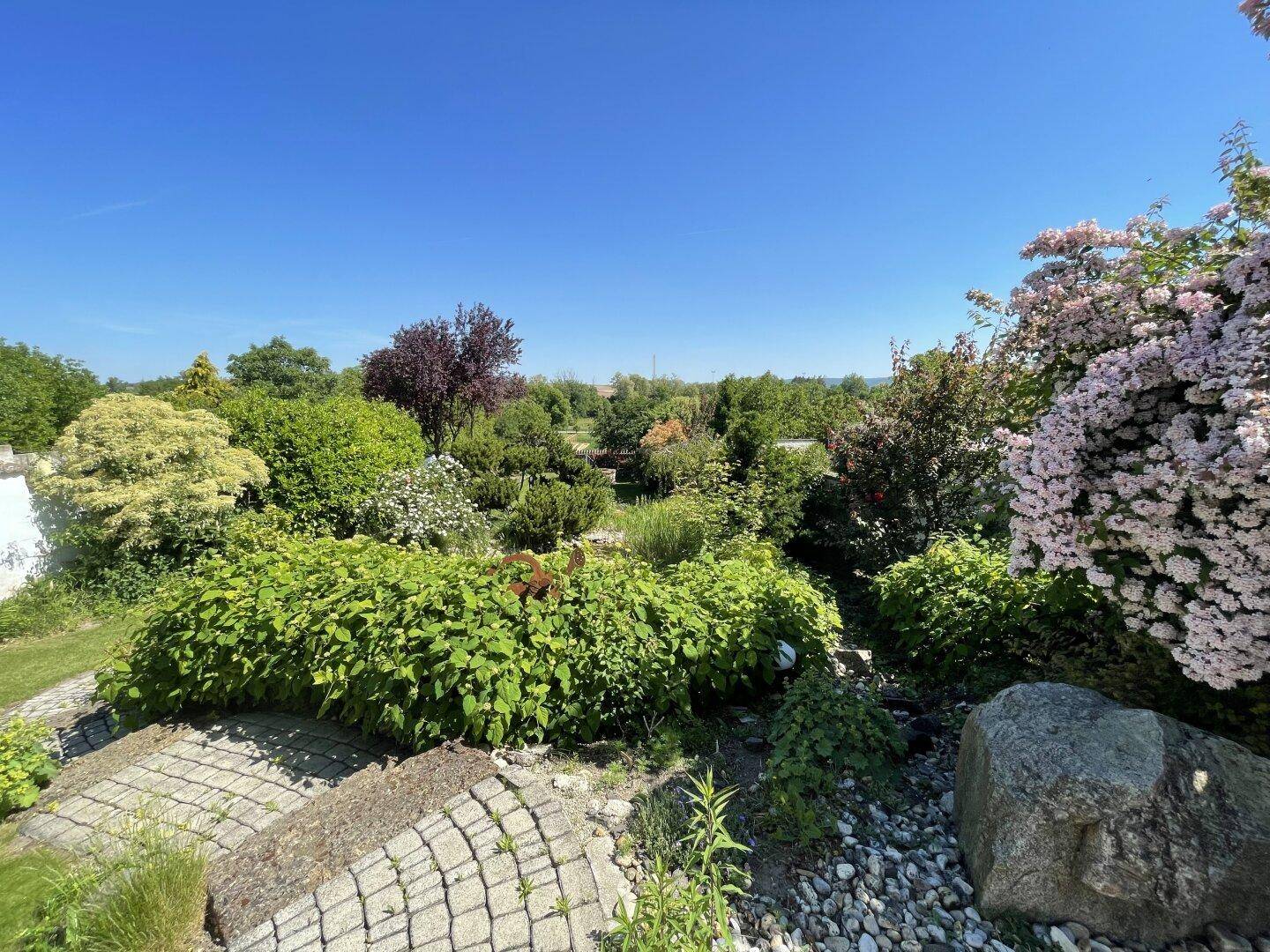 Üppiger Garten mit vielfältigen Pflanzen, Sträuchern und einem weiten Blick in die Landschaft.