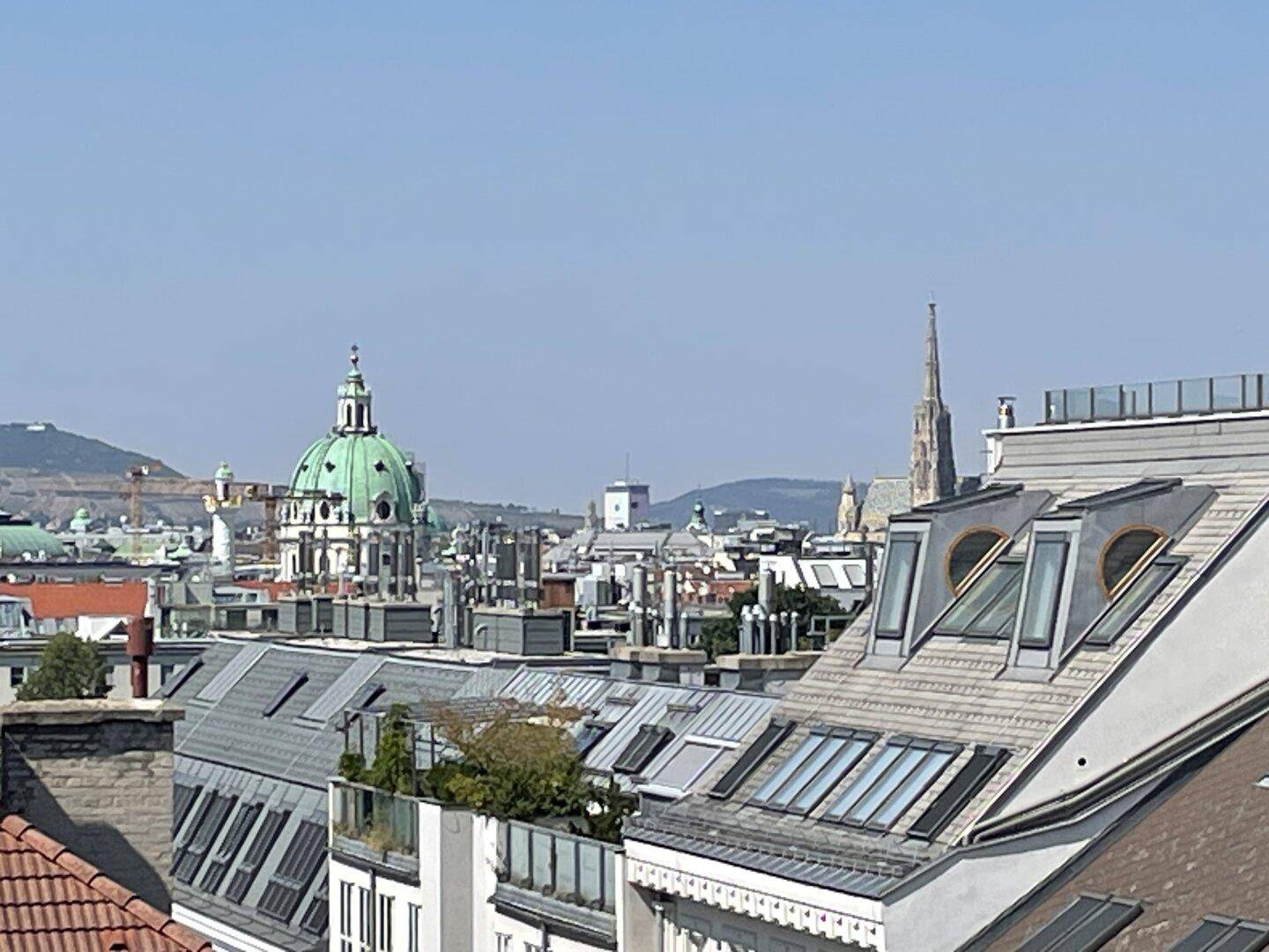 Panoramablick über die Stadt mit markanten Kuppeln und Kirchtürmen unter blauem Himmel.