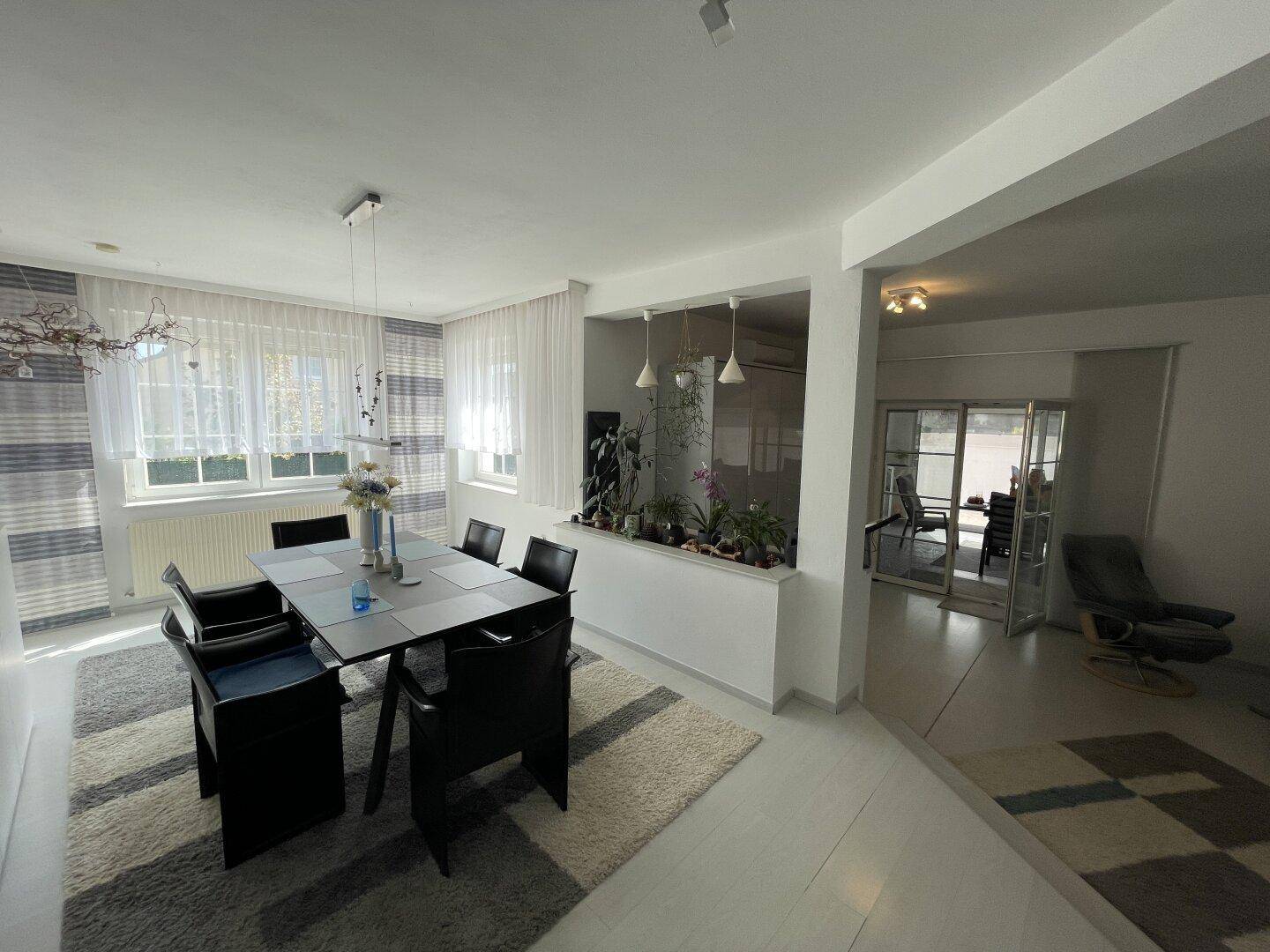 Geräumiges Esszimmer mit großem Tisch, modernen Stühlen und dekorativen Pflanzen.