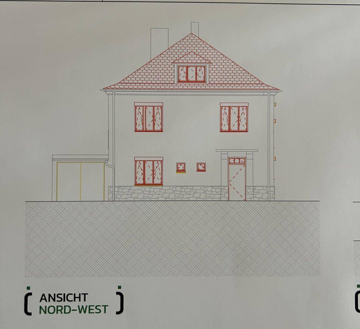 Architektonische Ansicht des Hauses von Nord-West mit Garage und Eingangsbereich.