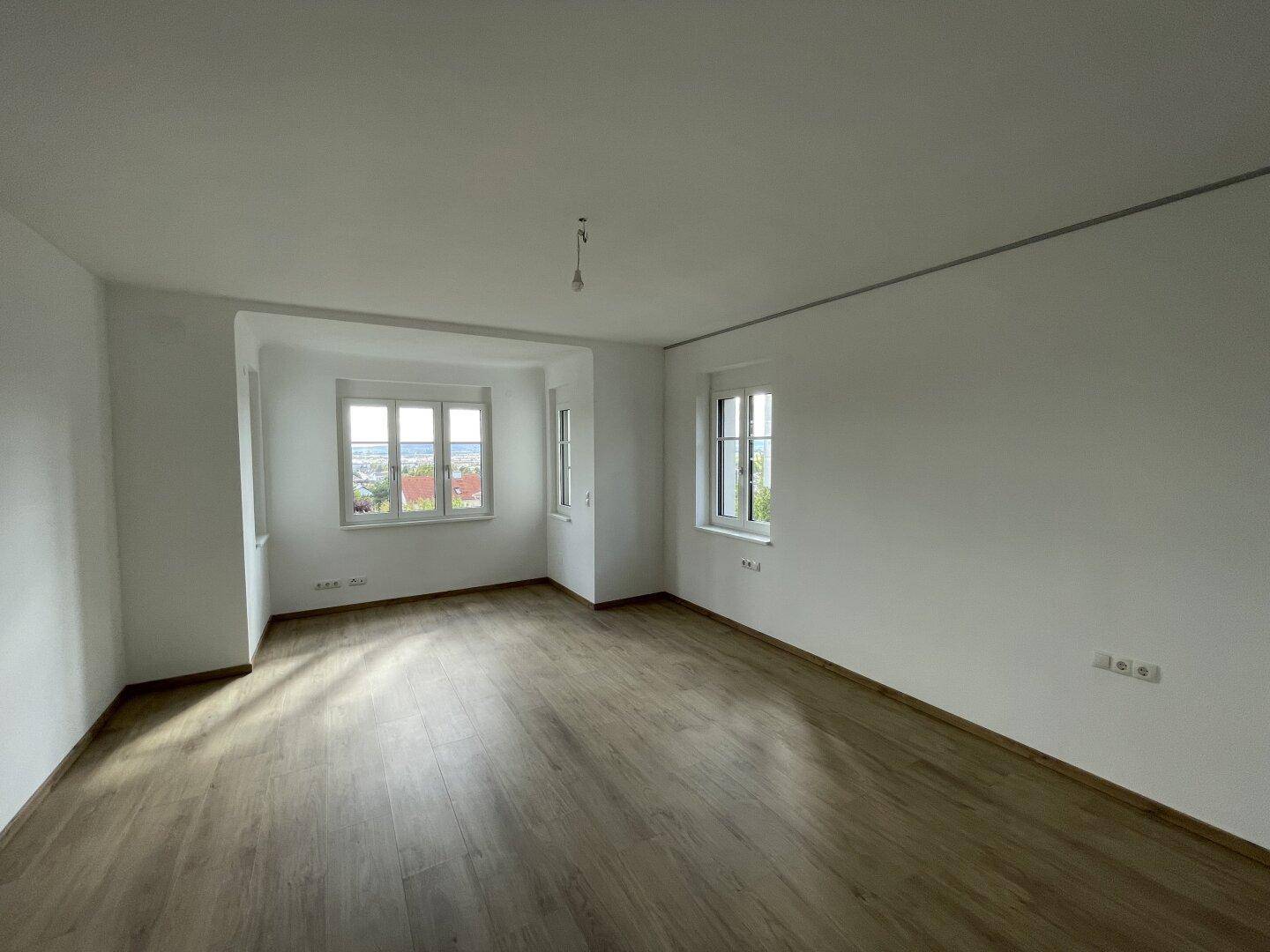 Geräumiges, helles Zimmer mit Holzboden und mehreren Fenstern, die einen weiten Blick in die Natur ermöglichen.