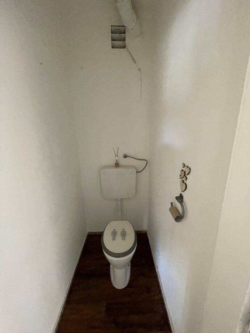 Kleines separates WC mit Toilette und dunklem Boden, einfach und funktional gestaltet.