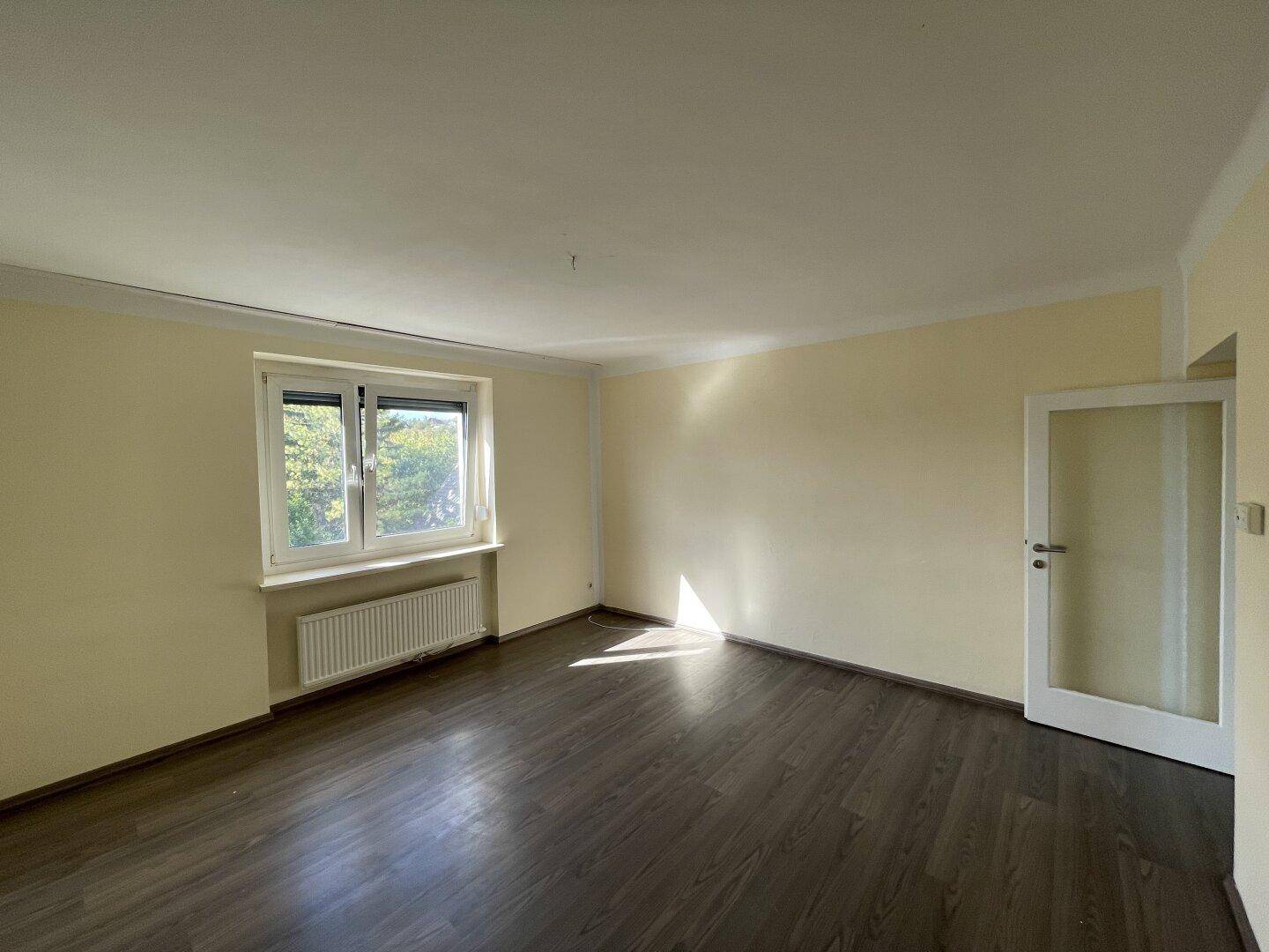 Geräumiges, leeres Zimmer mit dunklem Laminatboden und einem Fenster mit Blick ins Grüne.