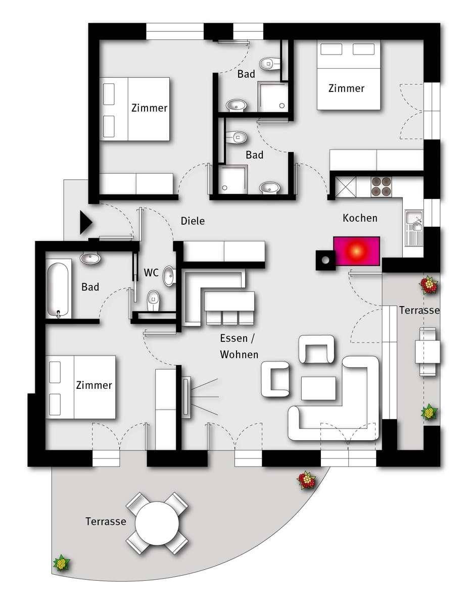 Detaillierter Grundriss einer Wohnung mit drei Schlafzimmern, Bädern, Küche und zwei Terrassen.