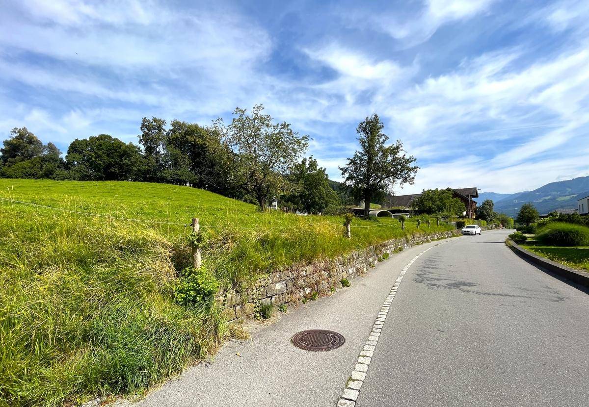 Landstraße mit einer Steinmauer und grüner Böschung, die sich durch die ländliche Landschaft schlängelt.