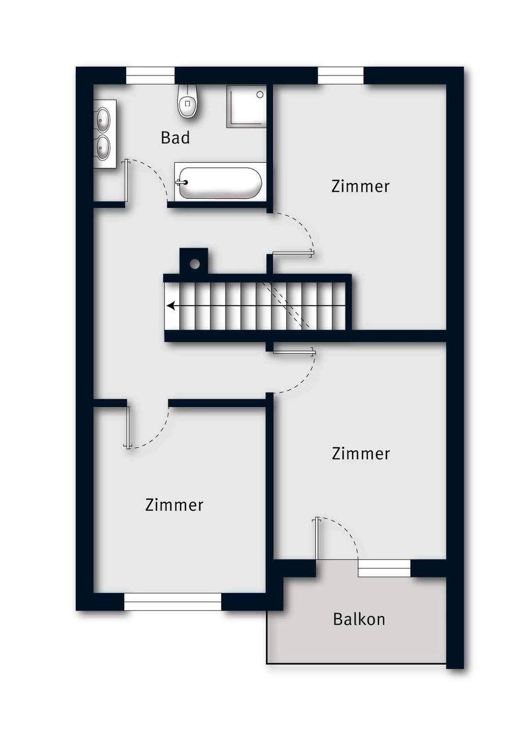 Grundriss des Obergeschosses mit drei Schlafzimmern, einem Badezimmer und einem Balkon.