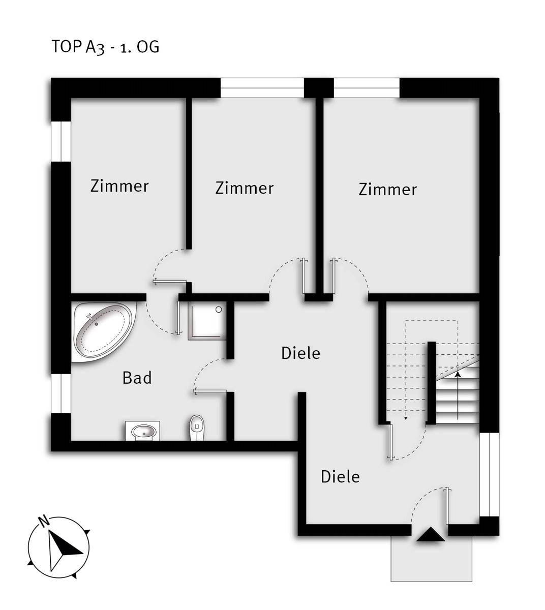 Grundriss der Wohnung A3 im ersten Obergeschoss mit drei Zimmern, Bad und Diele.