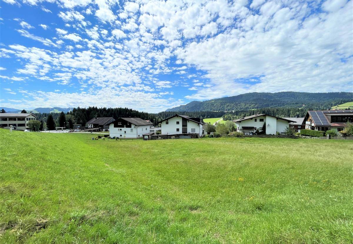 Weitläufige grüne Landschaft mit mehreren Wohnhäusern und Bergen im Hintergrund unter blauem Himmel.