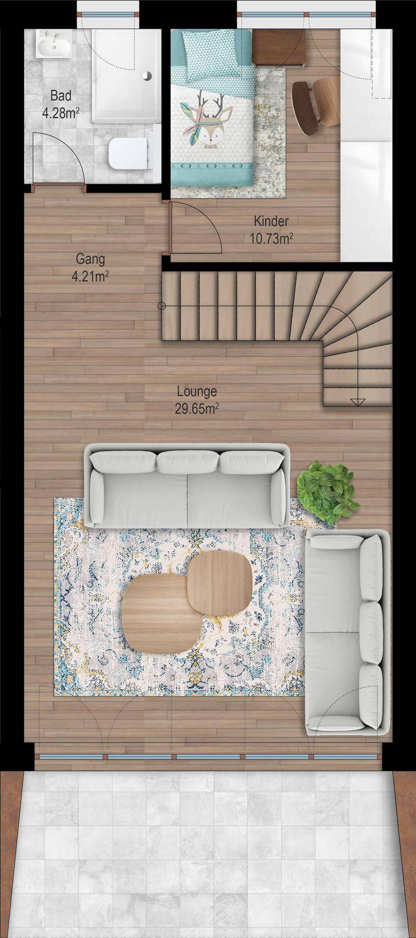 Grundriss des Obergeschosses mit Lounge, Kinderzimmer und Badezimmer.