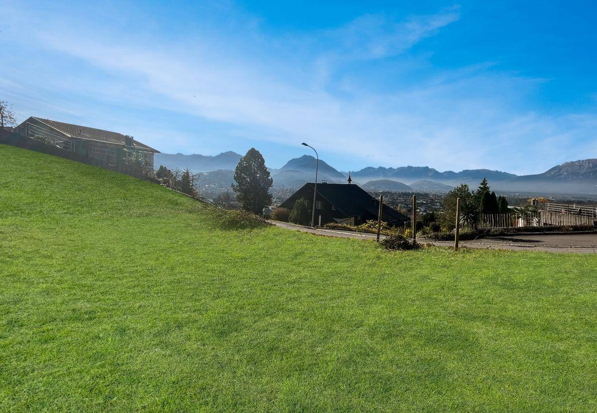 Ausgedehnte grüne Wiese mit Blick auf die umliegende Bebauung und die majestätischen Berge in der Ferne.
