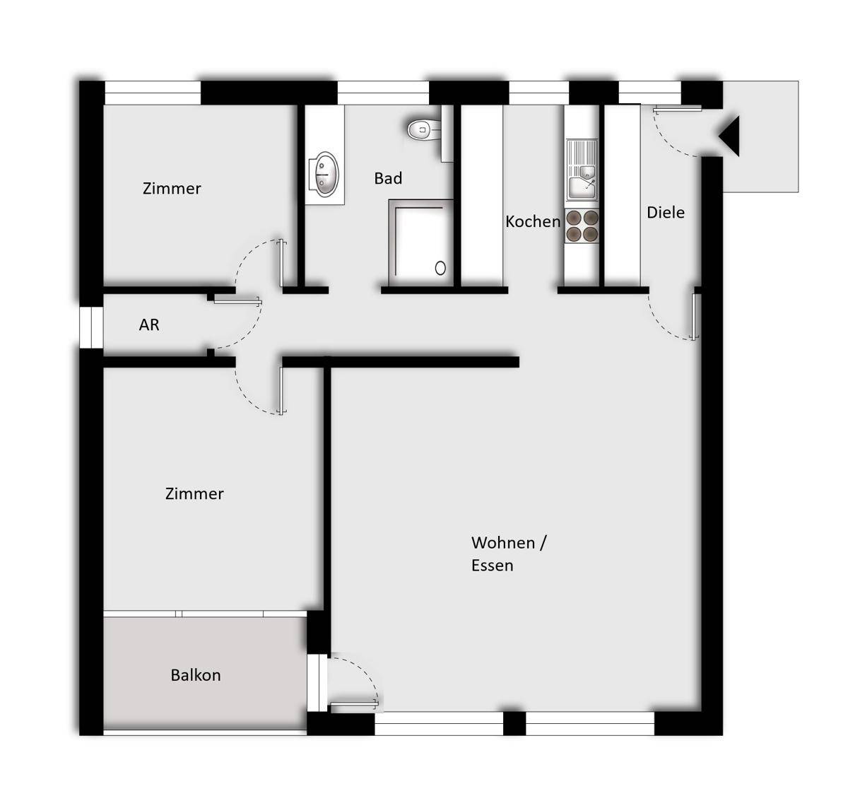 Grundriss der Wohnung mit Wohn-/Essbereich, zwei Zimmern, Bad und Balkon.