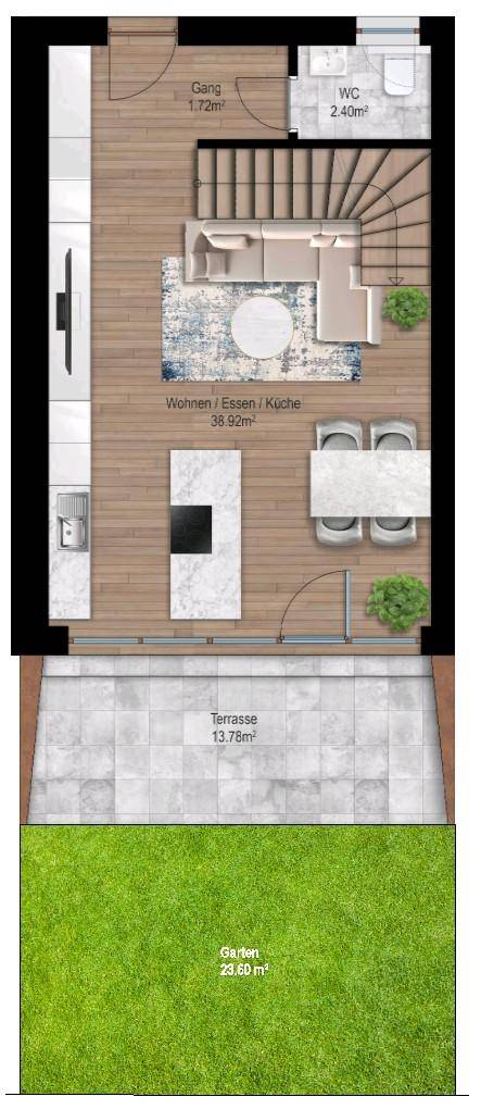 Grundriss des Erdgeschosses mit offenem Wohn-Essbereich, Küche, Terrasse und Garten.