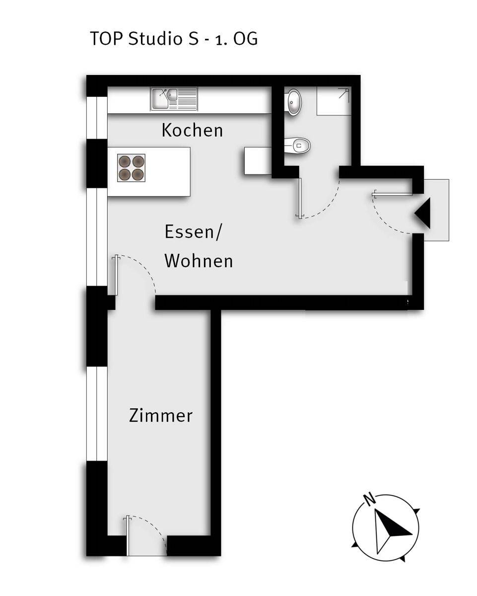 Grundriss des Studios S im ersten Obergeschoss mit Wohn-Essbereich, Küche, Zimmer und Bad.