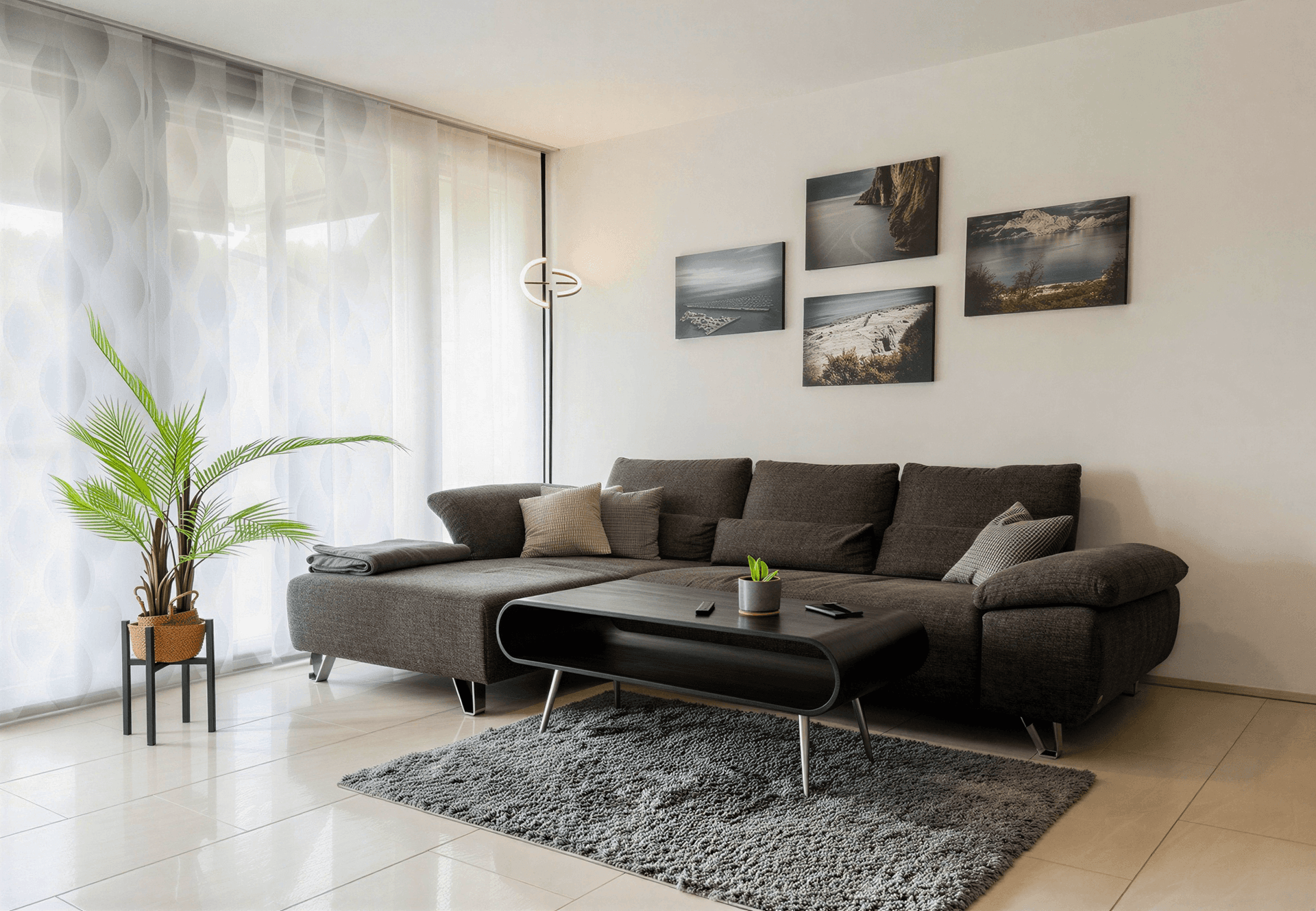 Helles Wohnzimmer mit bequemer Couch, stilvollem Couchtisch und großen Fenstern mit Vorhängen.