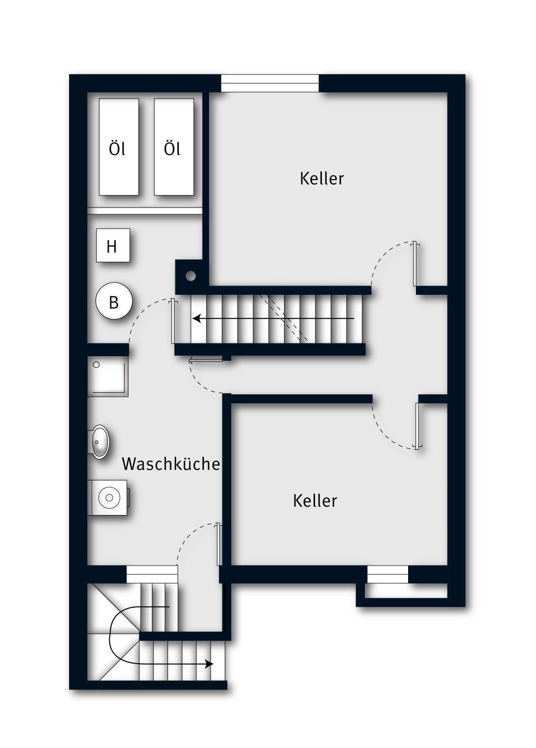 Grundriss des Kellergeschosses mit zwei Kellerräumen, Waschküche und Öltanks.