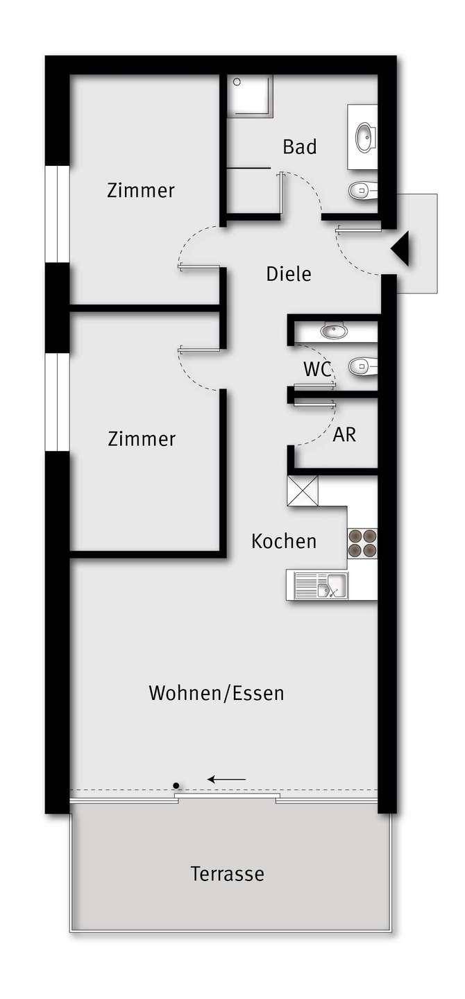 Grundrissplan mit drei Zimmern, offenem Wohnbereich, Küche und Terrasse.
