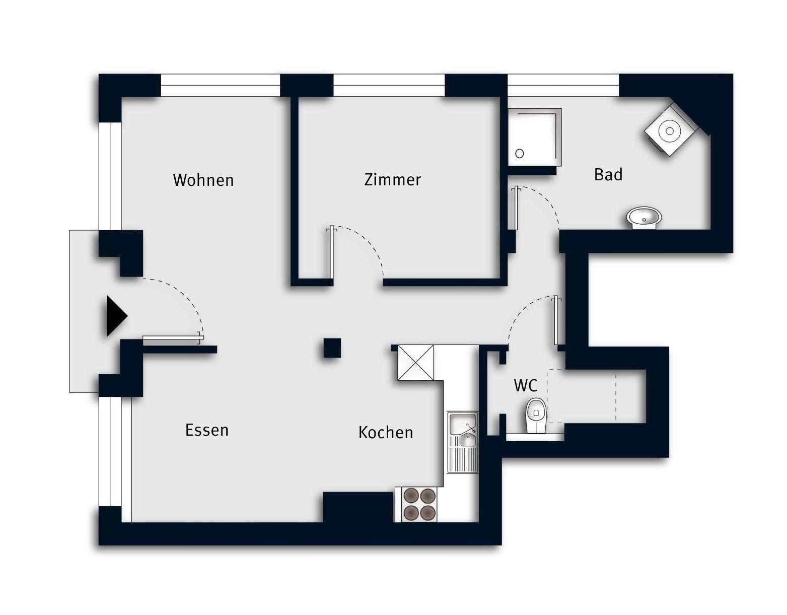 Grundrissplan mit Wohnzimmer, Schlafzimmer, Essbereich, Küche und zwei Bädern.