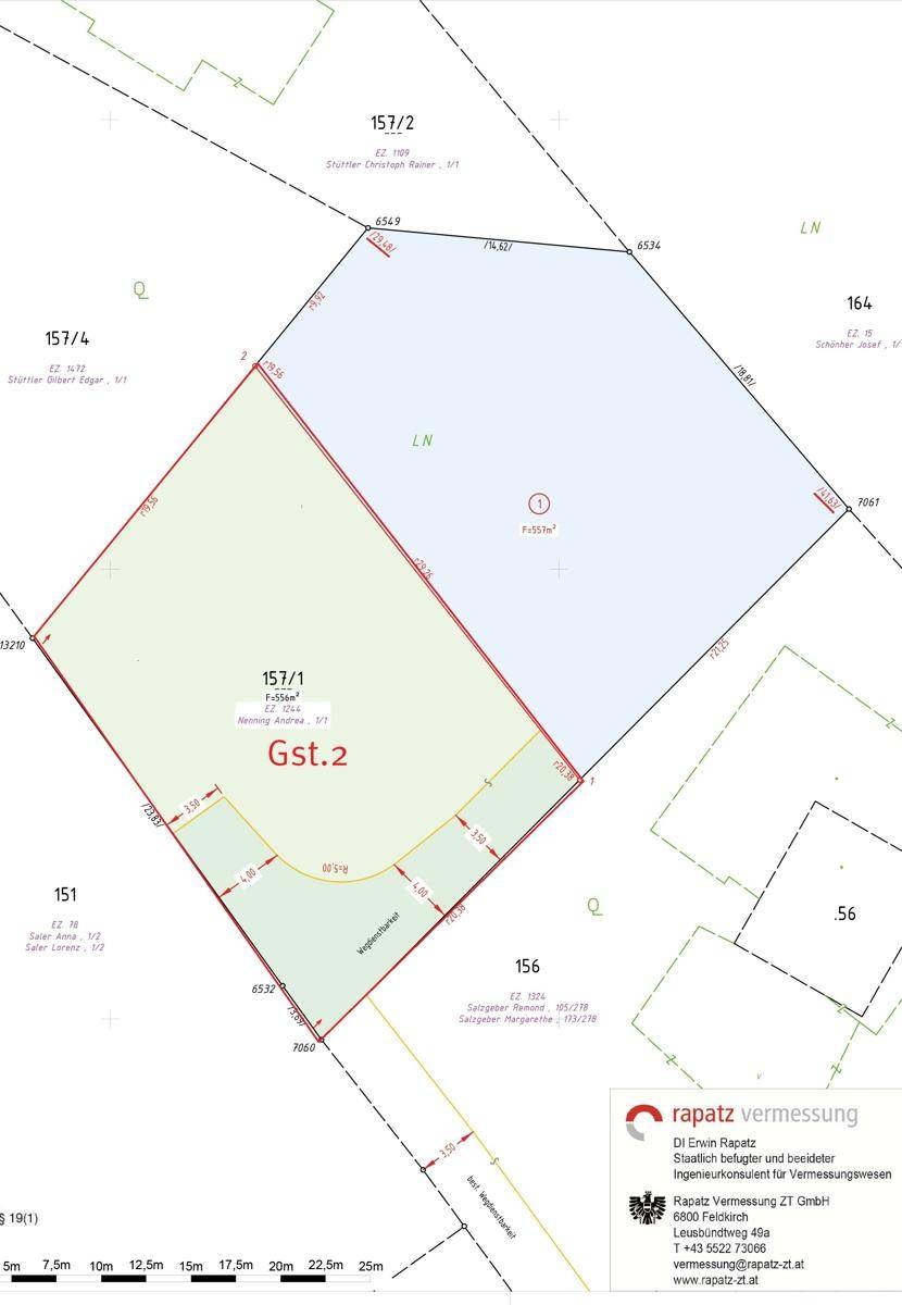 Katasterplan mit eingezeichneten Grundstücksgrenzen und Vermessungsdaten des Baugrundstücks.