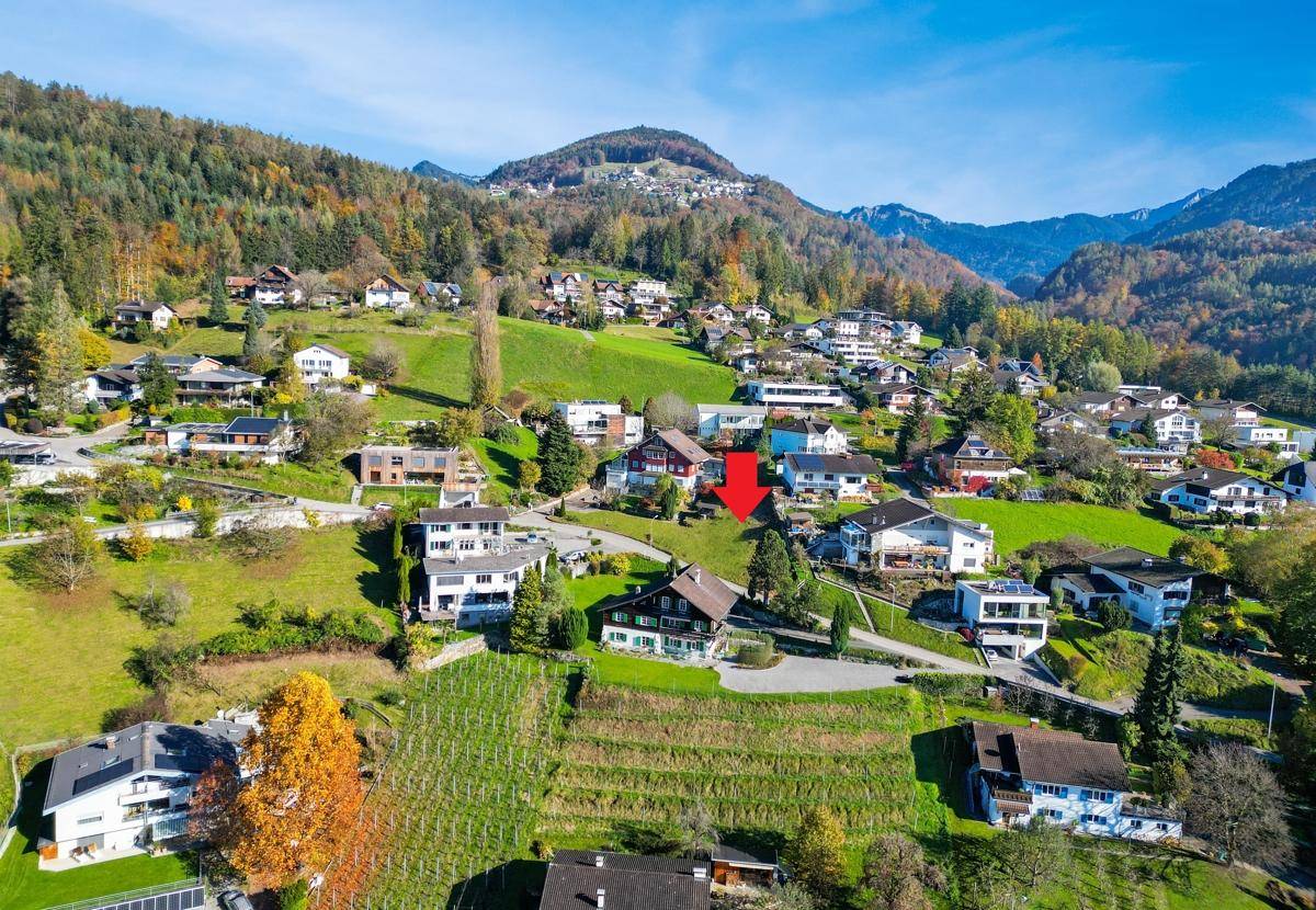 Luftaufnahme einer Wohnsiedlung mit einem roten Pfeil, der auf ein Grundstück mit angrenzenden Weinbergen zeigt.