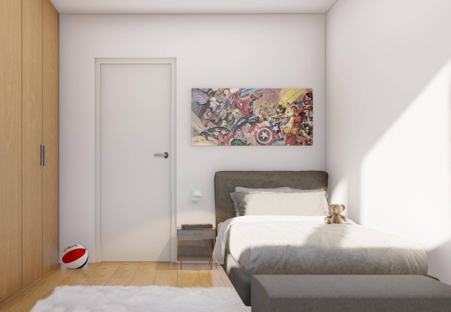 Kinderzimmer mit Einzelbett, Holzschrank und farbenfrohem Wandbild, hell und freundlich gestaltet.