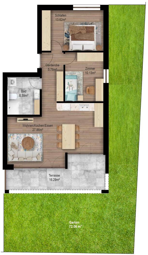 Detaillierter Grundriss einer Wohnung mit offenem Wohnbereich, zwei Schlafzimmern, Bad, Terrasse und Garten.