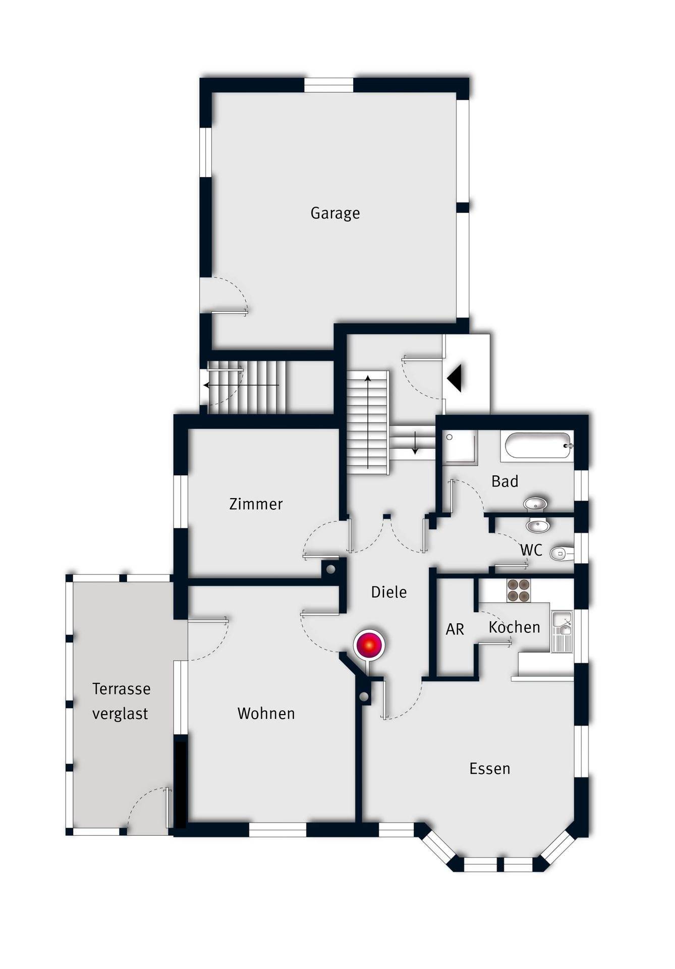 Grundriss des Erdgeschosses mit Wohn-, Essbereich, Küche, Zimmer und Garage.