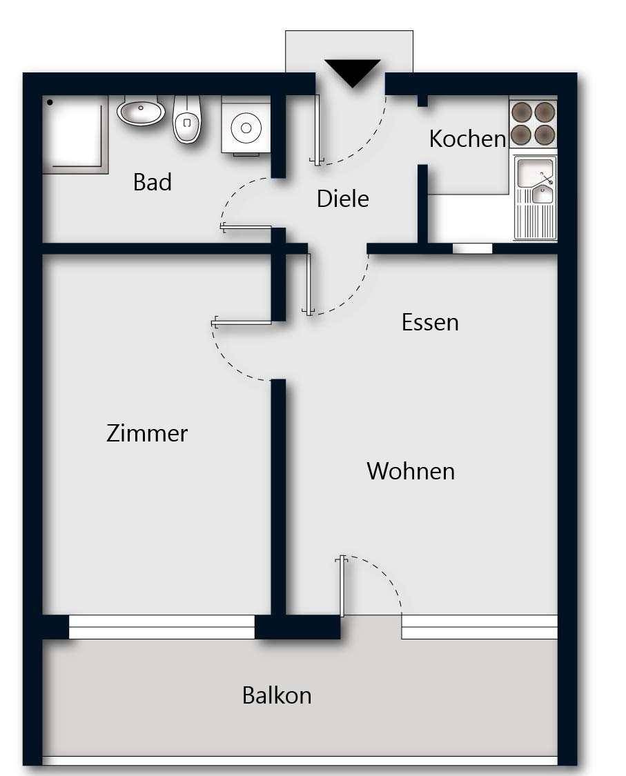 Grundriss der Wohnung mit Wohn-, Ess- und Schlafzimmer sowie Bad und Balkon.