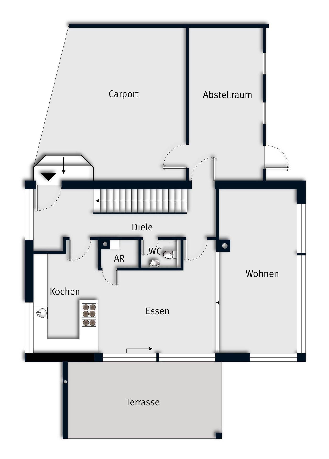 Grundriss des Erdgeschosses mit Küche, Essbereich, Wohnzimmer und Terrasse.