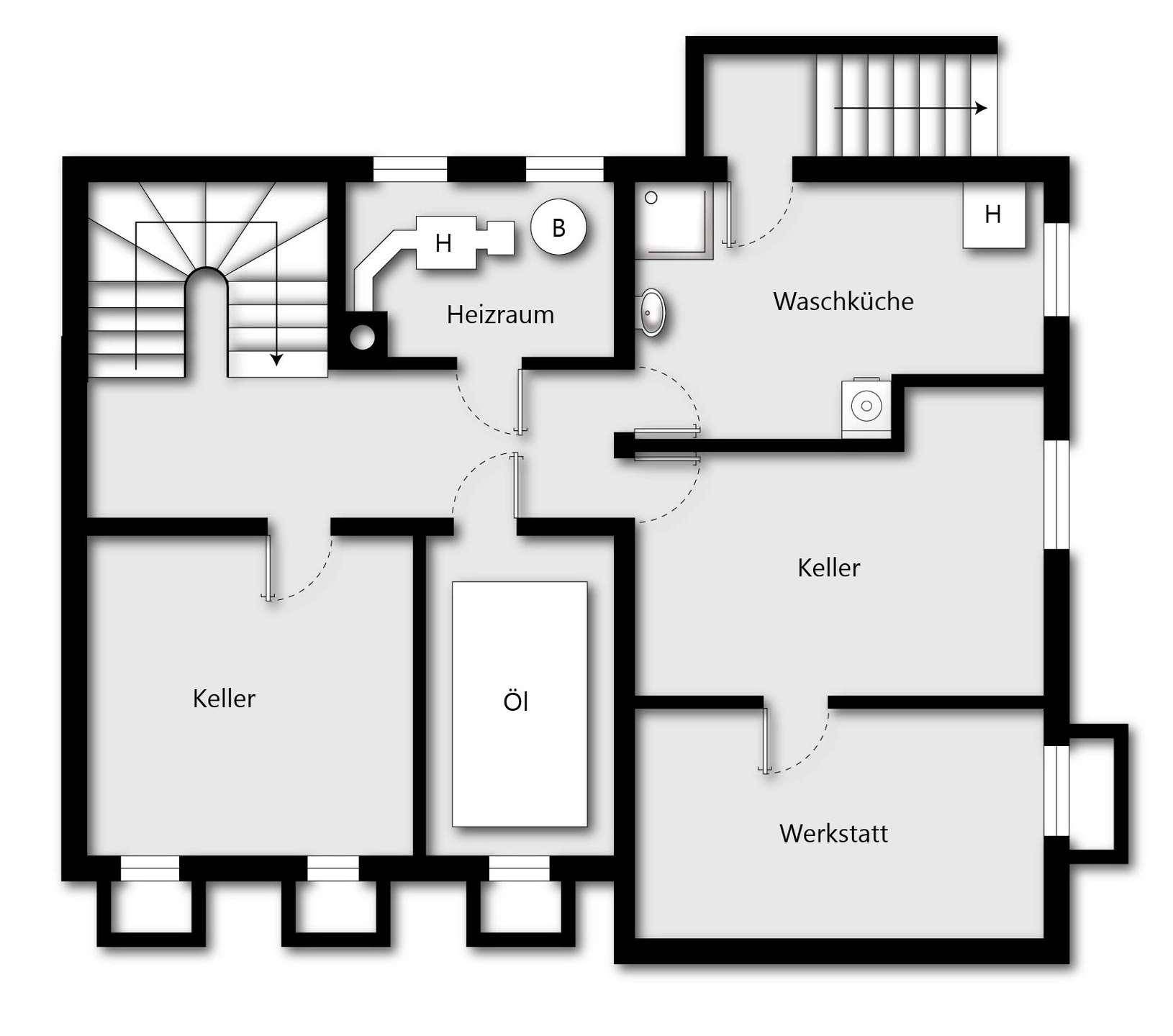 Grundriss des Kellergeschosses mit Kellerräumen, Waschküche, Heizraum und Werkstatt.
